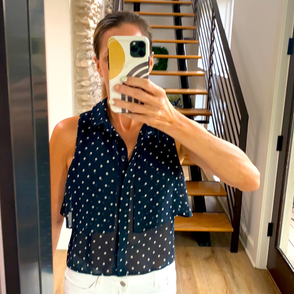 Sheer layered sleeveless Navy/white polkadot blouse.  From I Love H81, LA